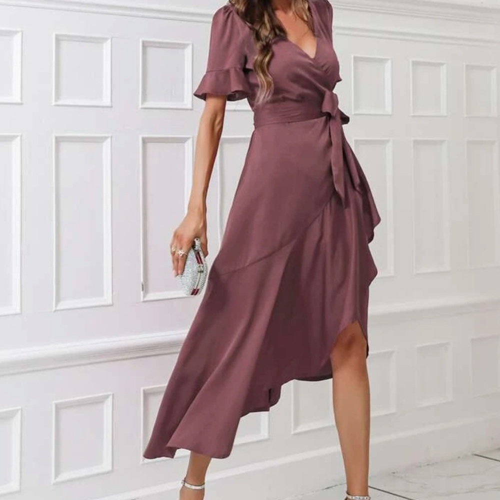 Boho flounce sleeve belted wrap dress - Picture 1 of 16